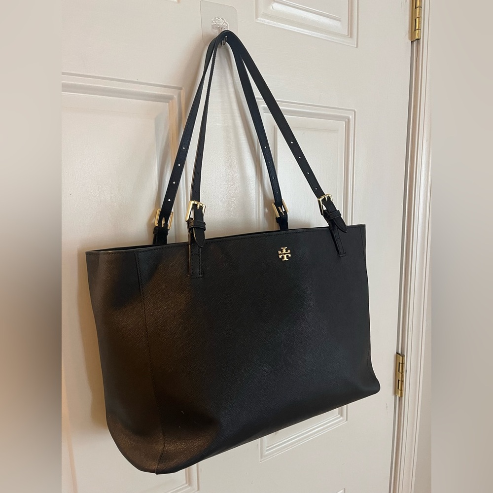 TORY BURCH York tote-- black leather with gold hardware.  VERY gently used.